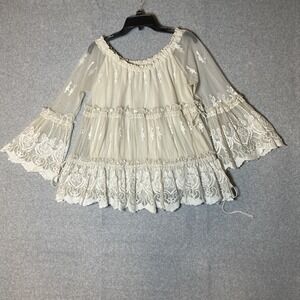 Lumie Lace Ruffle Top Womens Large Hippie Boho Embroidered Sheer Floral